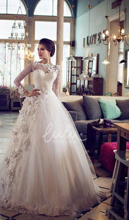 Flower Lace Long Sleeve Tulle Wedding Dress with Bateau Neckline