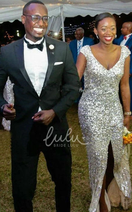 Sequined Sheath Prom Dress with Split and Cap Sleeves