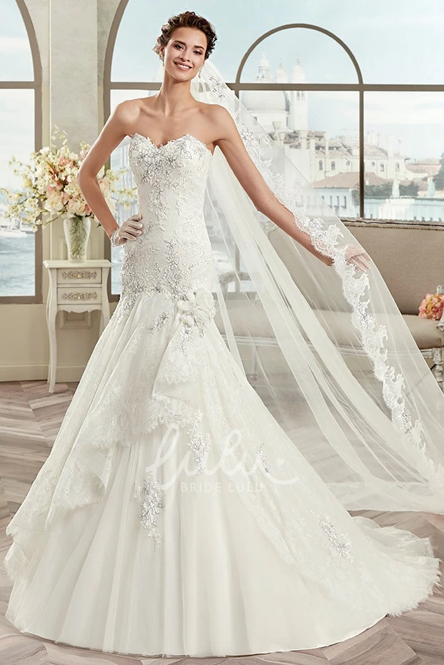 Mermaid Warm Wedding Dress with Sweetheart Neckline Appliques and Asymmetrical Ruffles