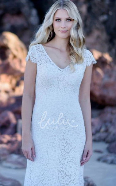 Vintage Lace Sheath Wedding Dress with Low-V Back Short Cap Sleeve and Floor-length