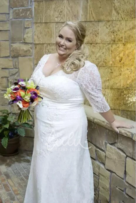 Plus Size Lace Wedding Dress with V-Neckline Long Sleeves and Lace-Up Back