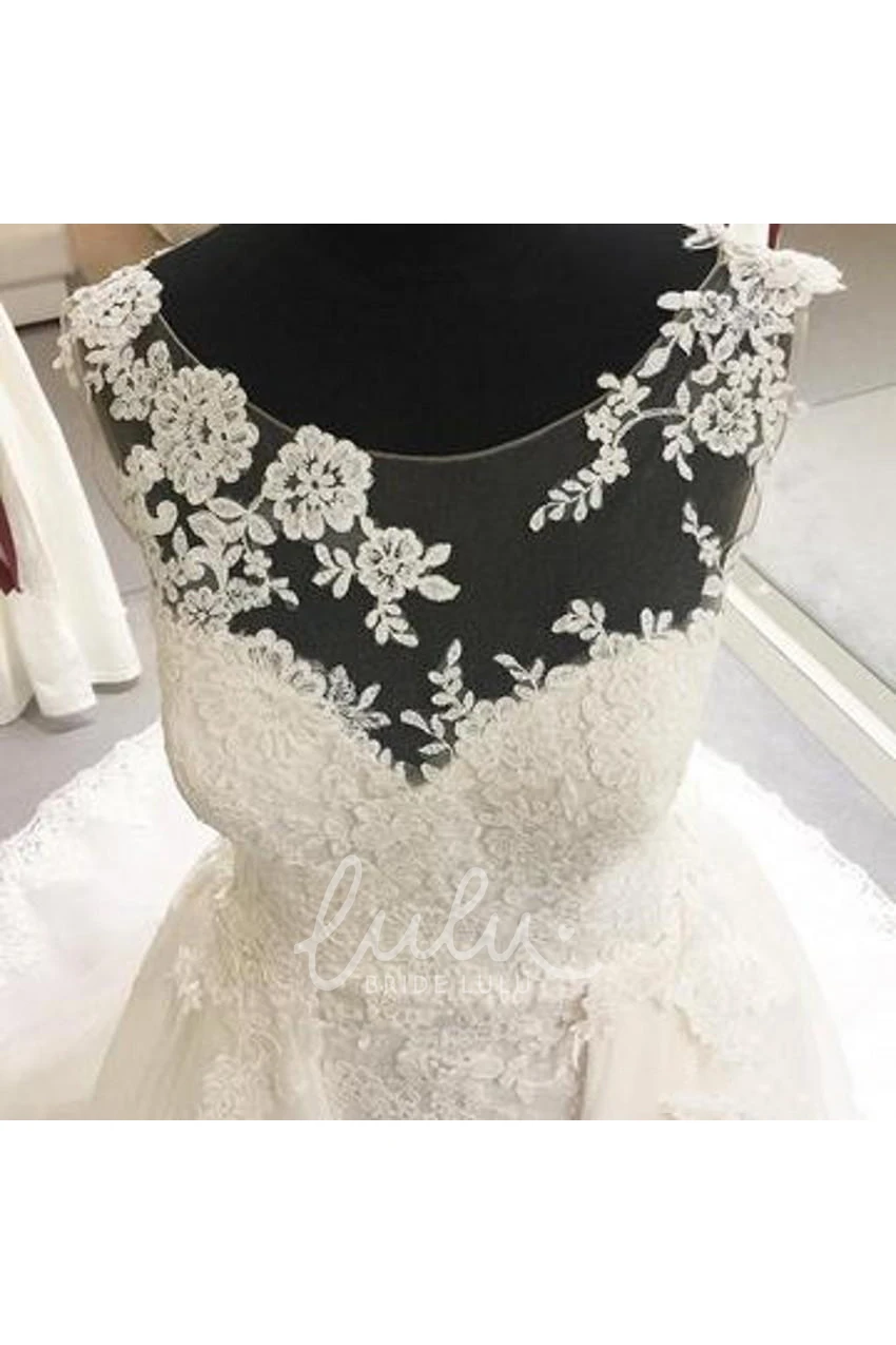 Delicate Appliques A-Line Wedding Dress with Lace Illusion Back and Brush Train