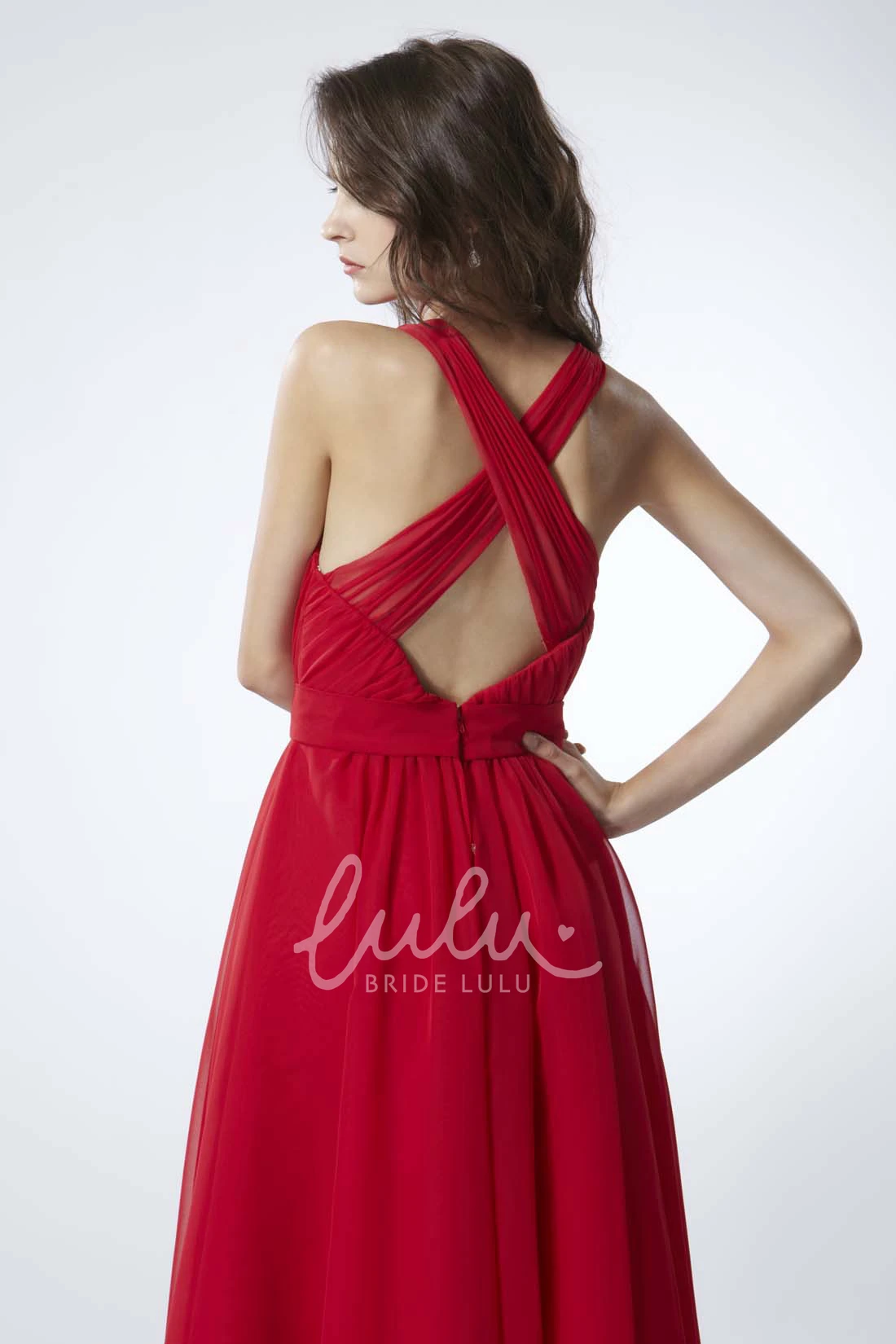 A-Line Chiffon Bridesmaid Dress Knee-Length Ruched V-Neck Sleeveless