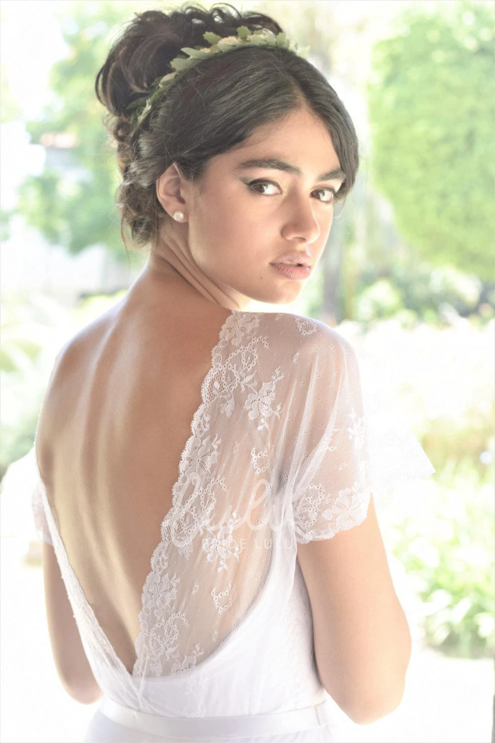 Deep-V Back Lace Chiffon Wedding Dress with Short Sleeves