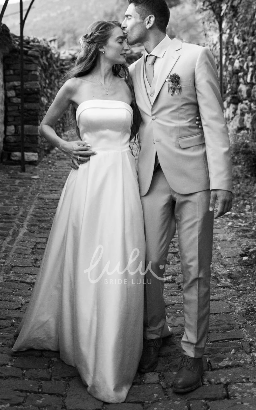 Strapless Satin Garden Wedding Dress with Backless and Illusion Sleeves Casual A-Line