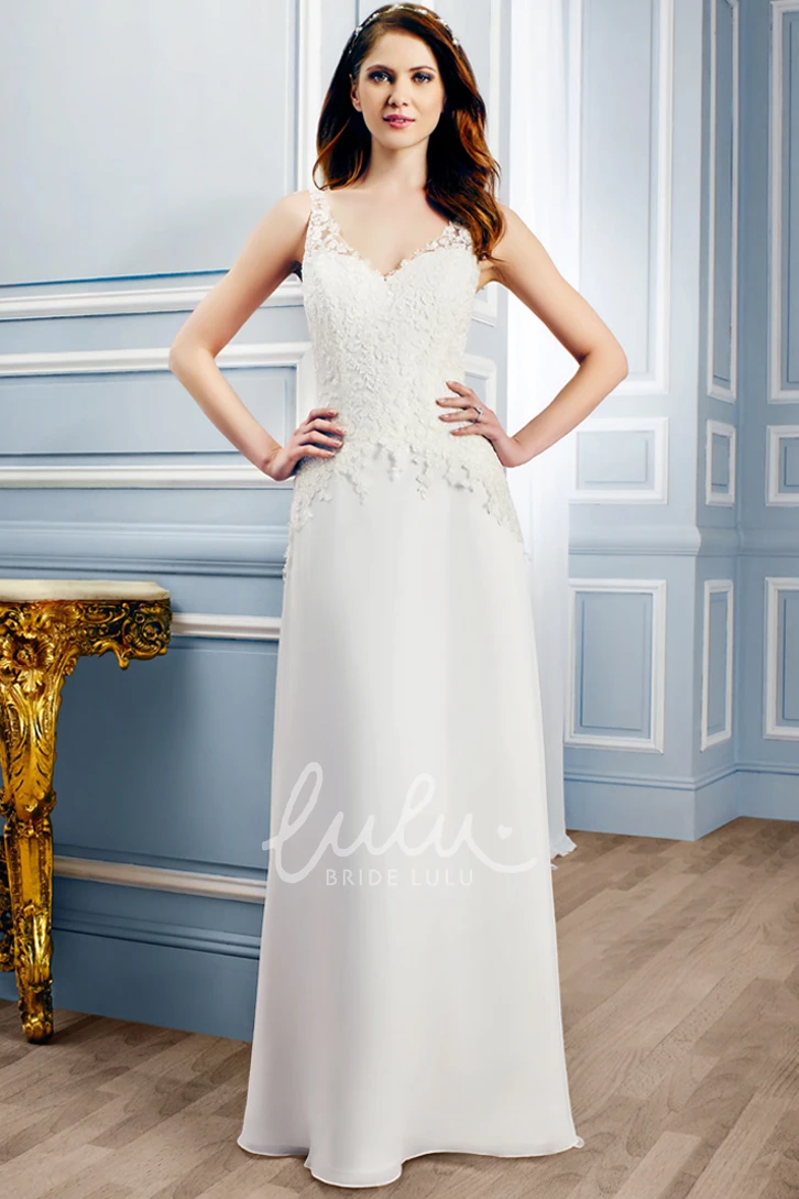 Sleeveless V-Neck Lace Wedding Dress with Appliques and Sweep Train Chic Bridal Gown