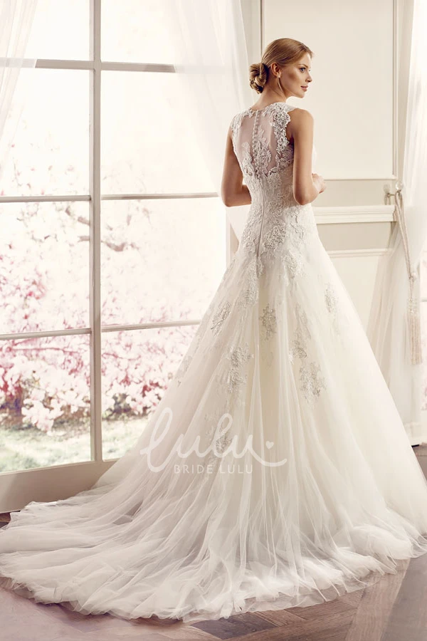Sleeveless Jewel Lace&Tulle Ball-Gown Wedding Dress with Illusion Back and Appliques Classic Bridal Gown