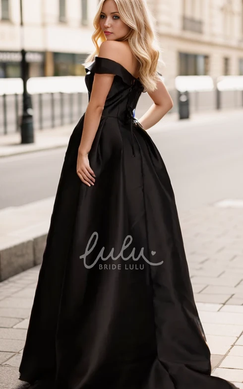Vintage Black A-Line Off-the-Shoulder Floor Wedding Dress Sexy High Slit Formal Evening Party Gown