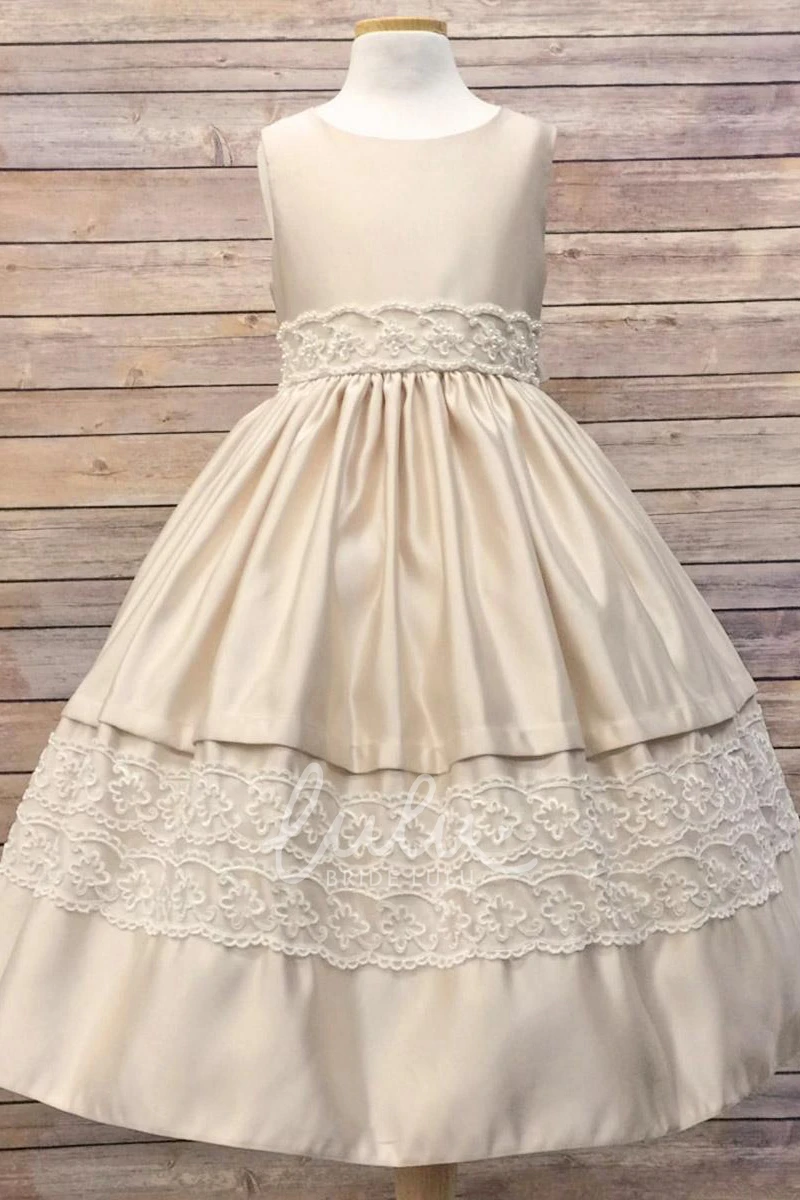 Sequined Tulle and Lace Flower Girl Dress with Tiered Skirt Tea-Length