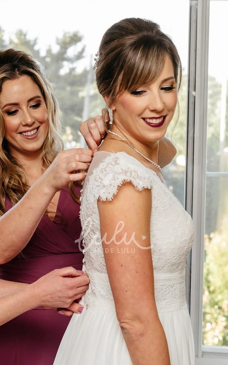 A-Line Modest Lace Cap Sleeve Low V-Neck Illusion Back Tulle Trailing Wedding Dress