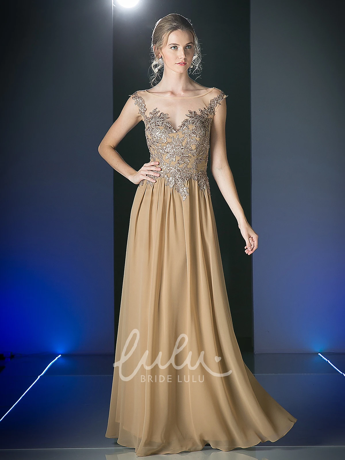 Scoop-Neck Sleeveless Sheath Dress with Appliques and Illusion in Chiffon Fabric
