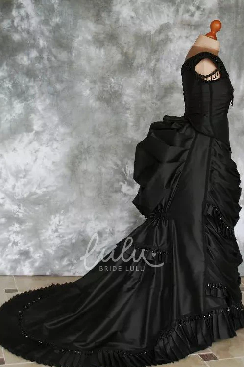 Taffeta A-Line Wedding Dress with Beading Ruffles and Tiers Bateau Neck Floor-length Short Sleeves