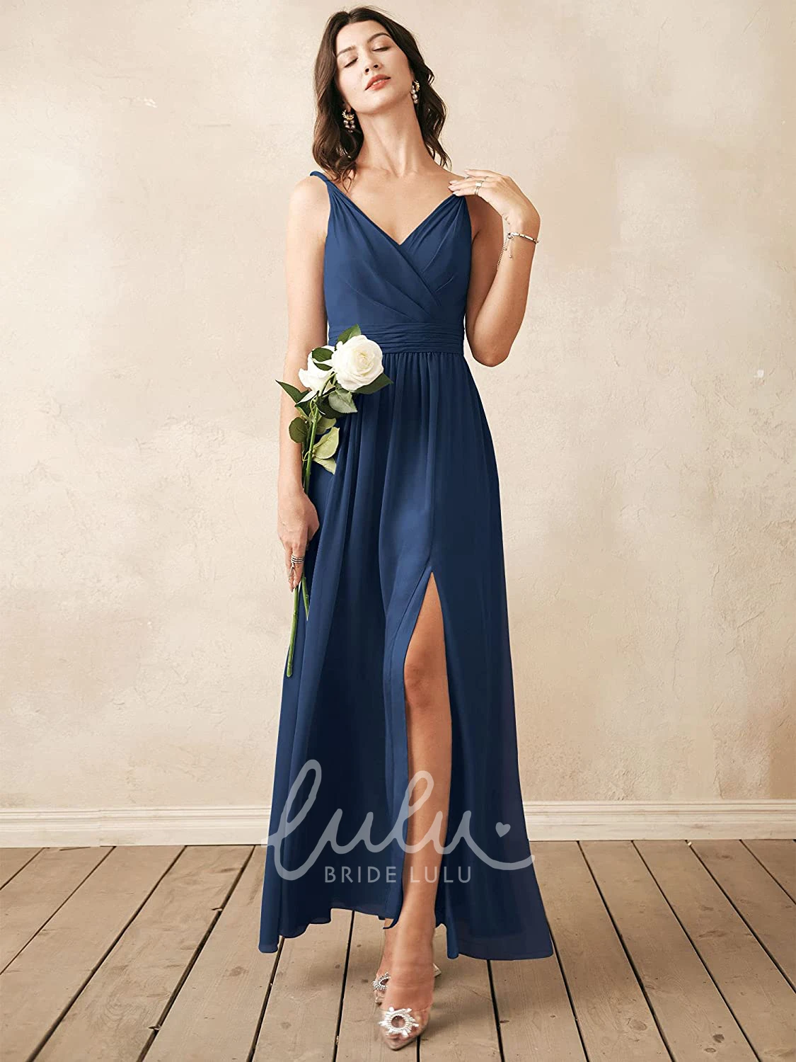Sleeveless V-neck Chiffon A-line Bridesmaid Dress with Ruching Elegant