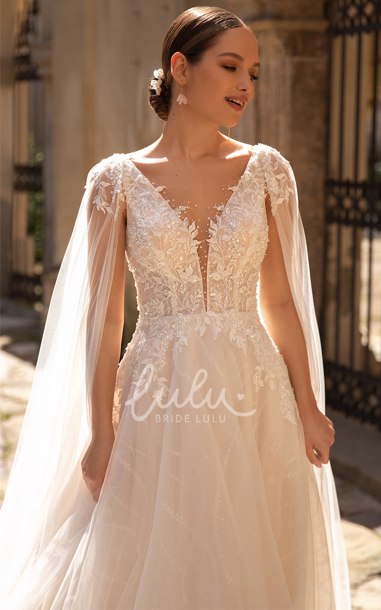 Ethereal A Line Tulle Wedding Dress with Plunging Neckline and Appliques Unique Wedding Dress