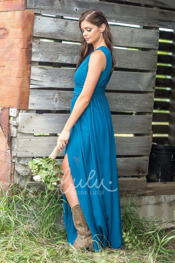 Sleeveless Chiffon V-Neck Bridesmaid Dress with Front Split Flowy Bridesmaid Dress