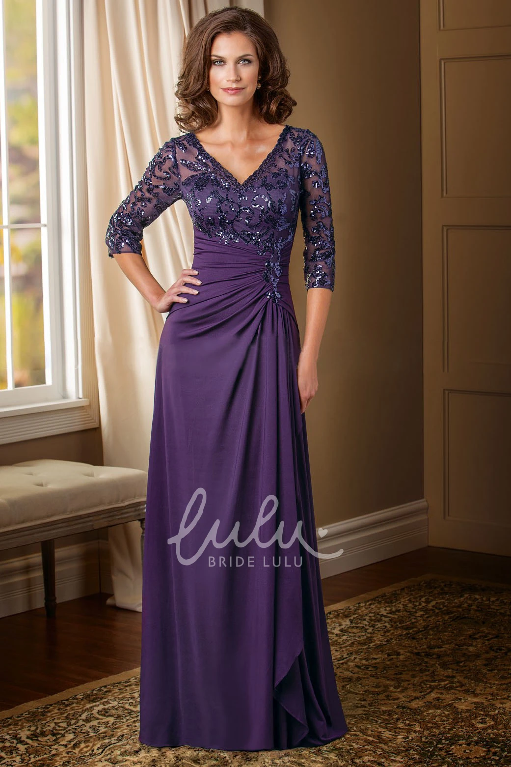 Sequined V-Back Mother of the Bride Dress with 3/4 Sleeves and V-Neck