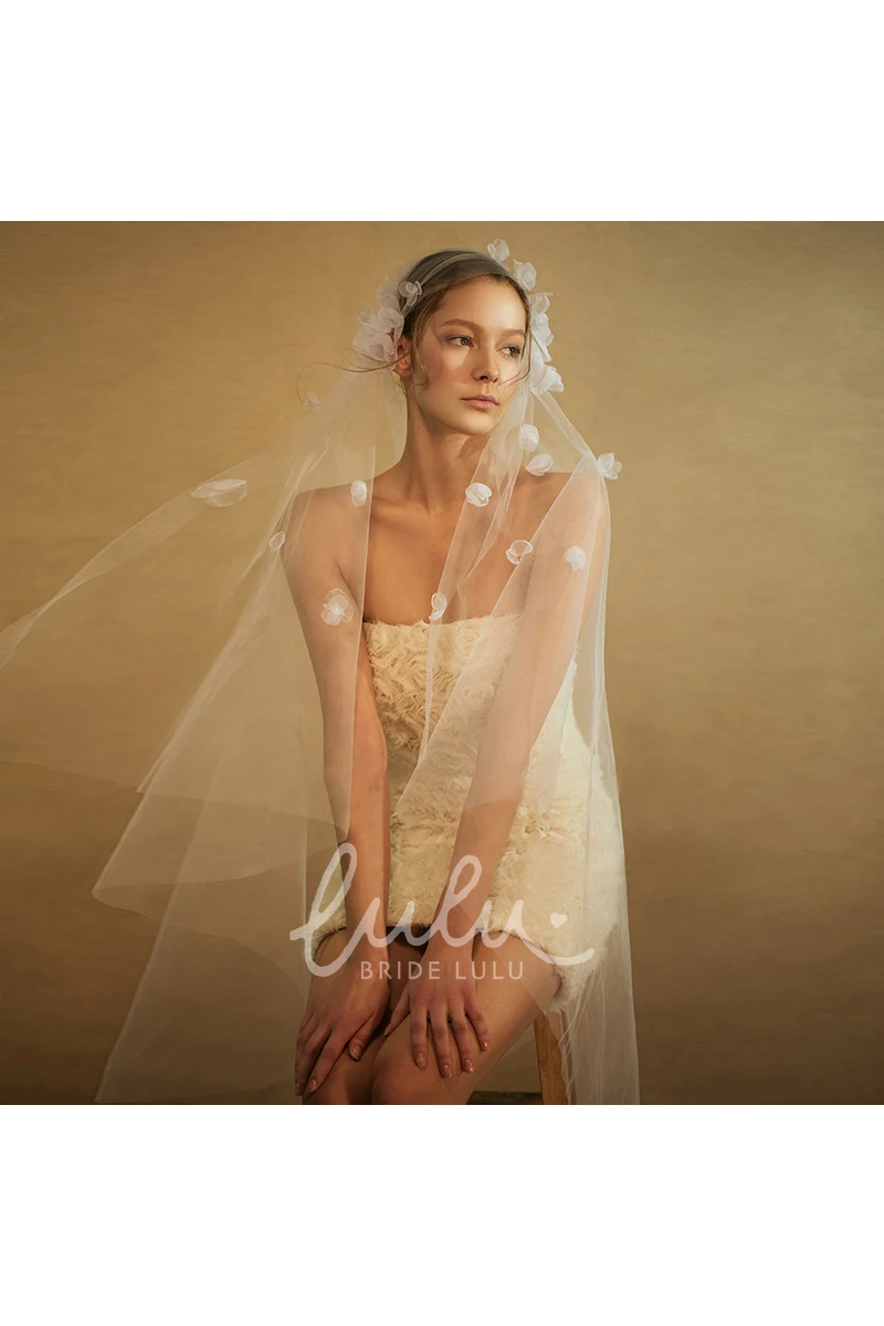 Handmade Long Tulle Veil with Flowers Elegant Wedding Dress Accessory