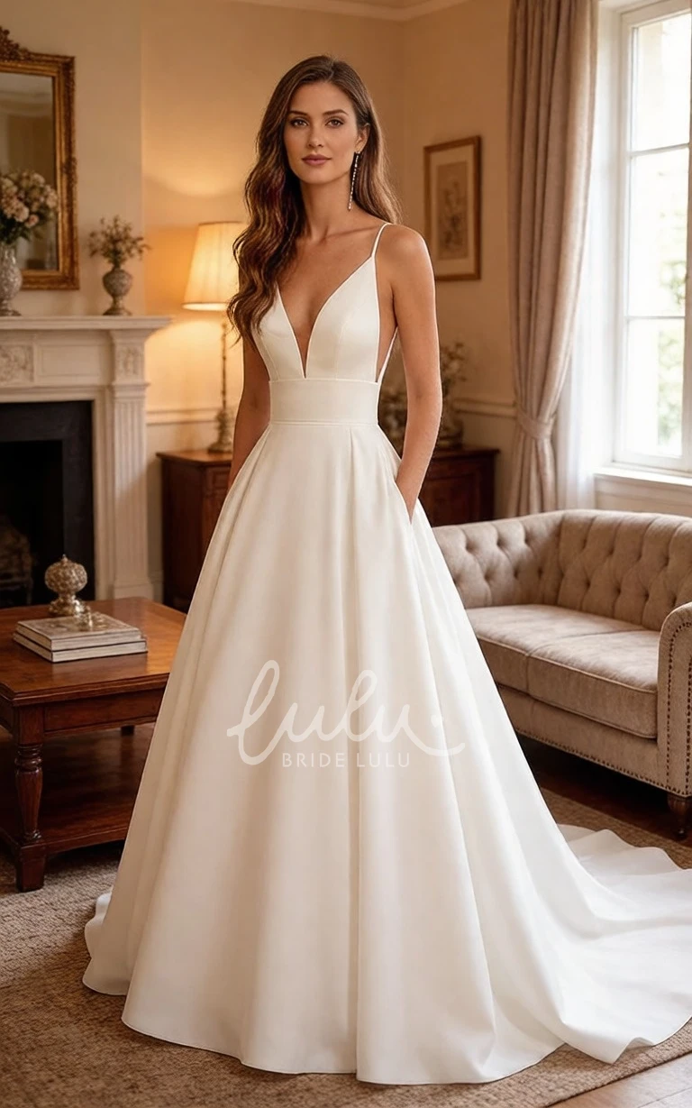 Minimalist Satin A-Line Wedding Dress Modern Sleeveless Deep V-Neck Bridal Gown