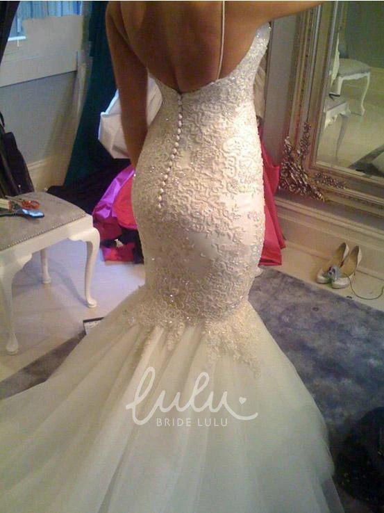 Deep-V Back Tulle Lace Mermaid Wedding Dress with Spaghetti Straps