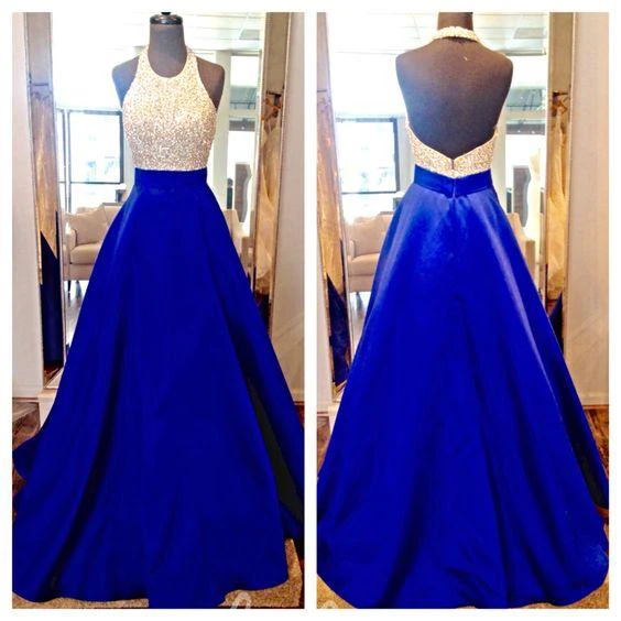 Halter Ball Gown Evening Dress with Beadings and Sleeveless Cut