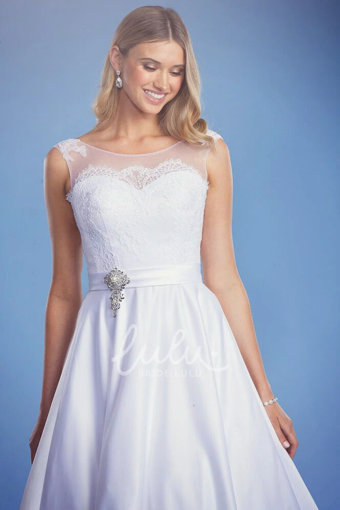 Bateau Lace Maxi Satin Wedding Dress with Broach Classic Wedding Dress
