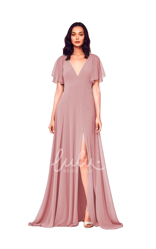 Modest A-Line Chiffon V-neck Bridesmaid Dress with Split Front Simple Wedding Dress