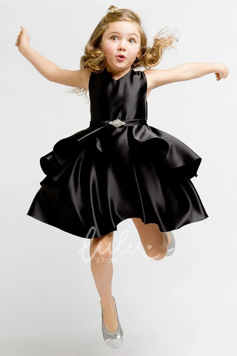 Beaded Satin Flower Girl Dress with Split Front Midi Length