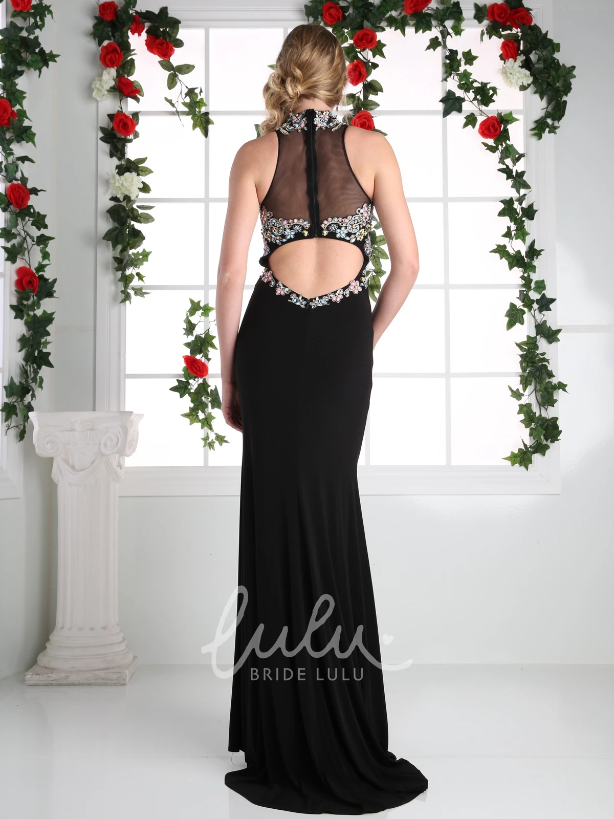 Sleeveless Jersey Illusion Formal Dress With Beading and Keyhole