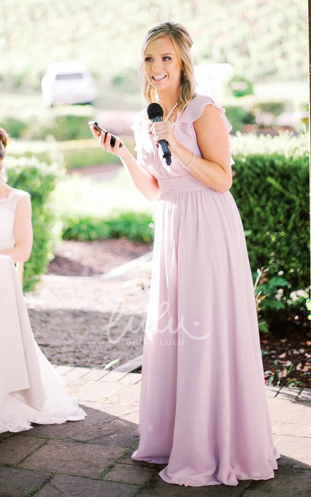 Chiffon Bridesmaid Dress Casual A Line V-neck Cap Sleeves Deep-V Back