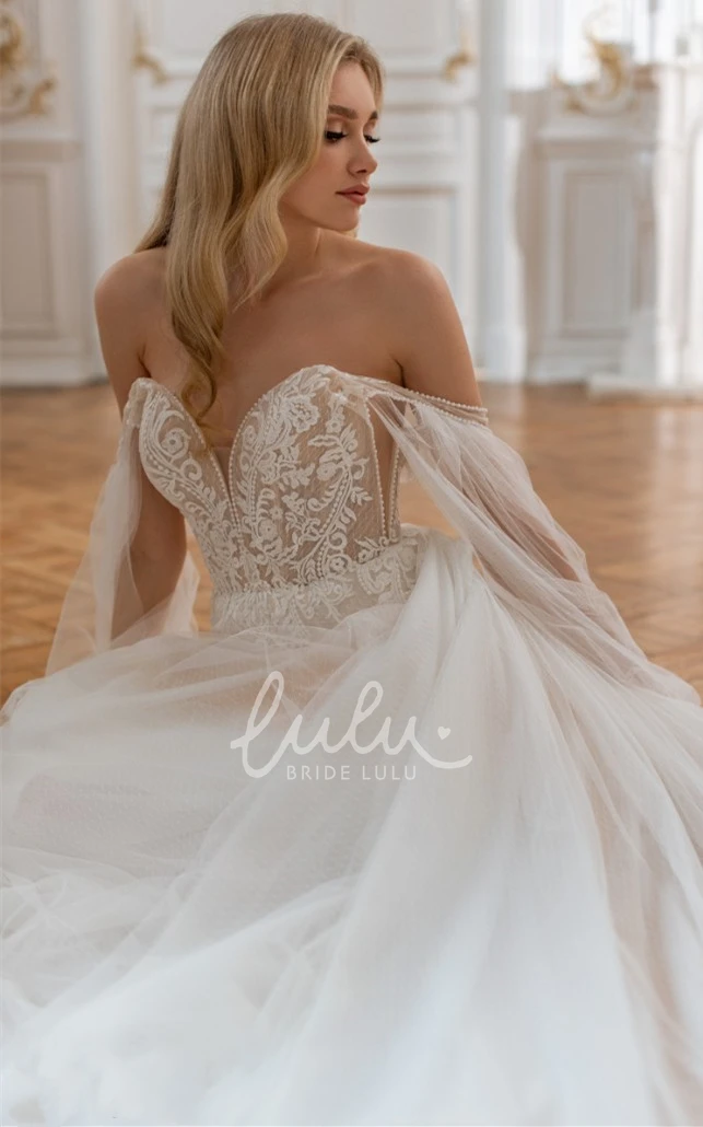 Charming Tulle Plunging Neck Wedding Dress with Appliques and Train A-Line Wedding Dress