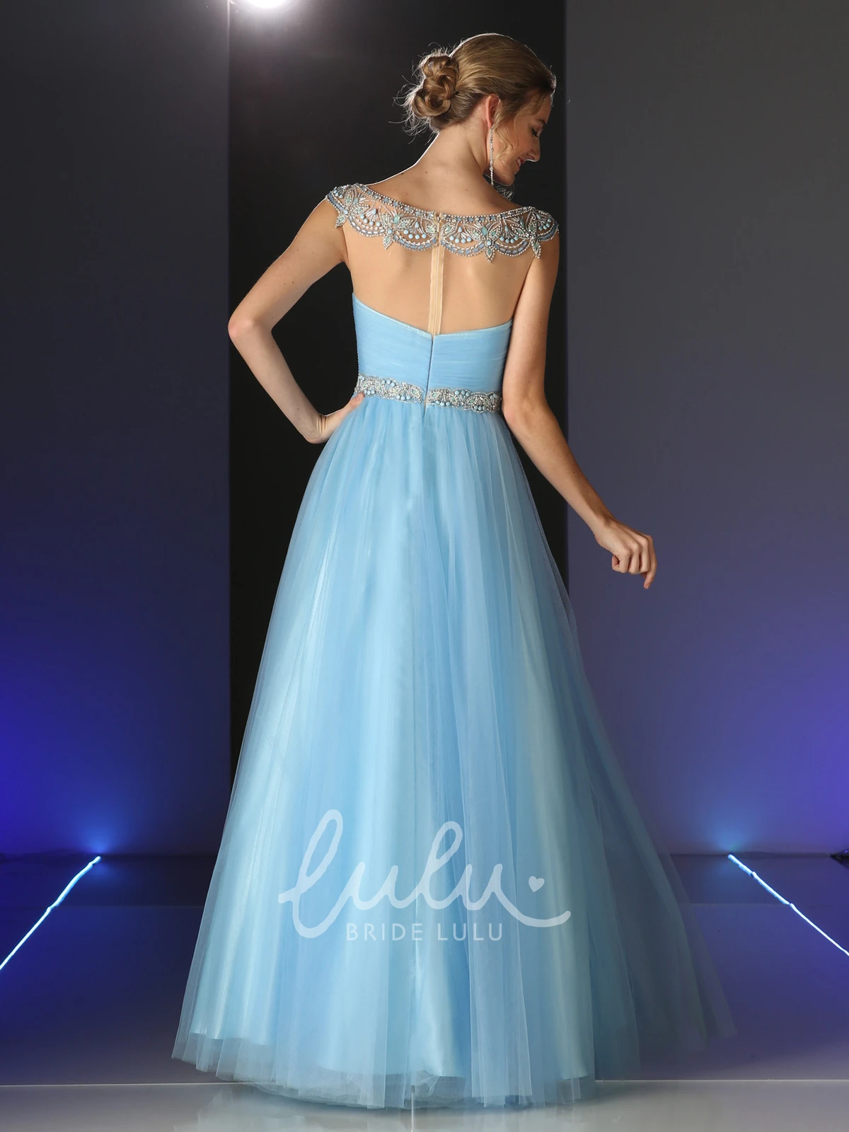 Scoop-Neck Tulle Illusion Prom Dress with Beading and Ruching