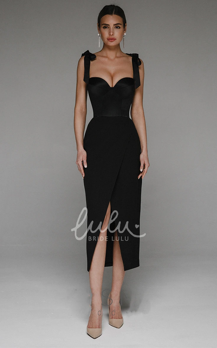 Sweetheart Satin Tea-length Evening Dress with Front Split Elegant Satin Evening Dress