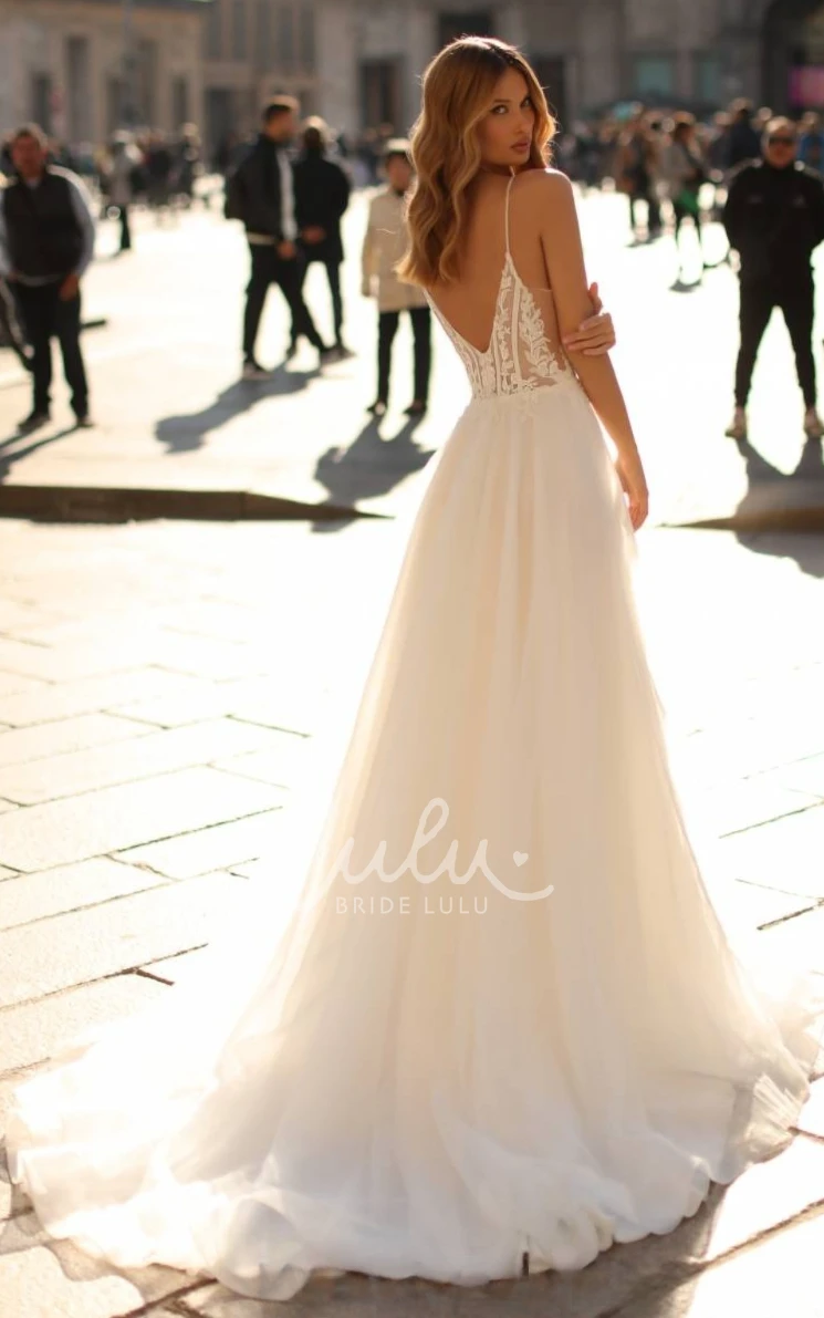 A-Line Halter Off-the-shoulder Spaghetti Lace Wedding Dress with Sleeveless