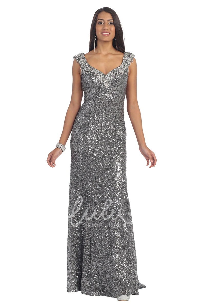 V-Neck Sequin Prom Dress with Pleats and Sleeveless Design