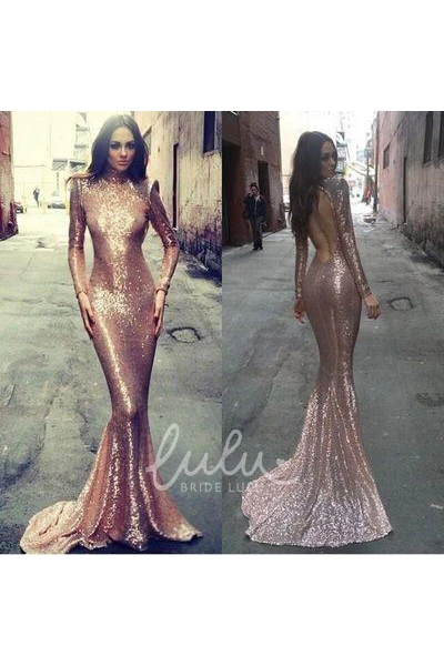 Sequins Mermaid High Neck Dress with Long Sleeves and Sweep Train