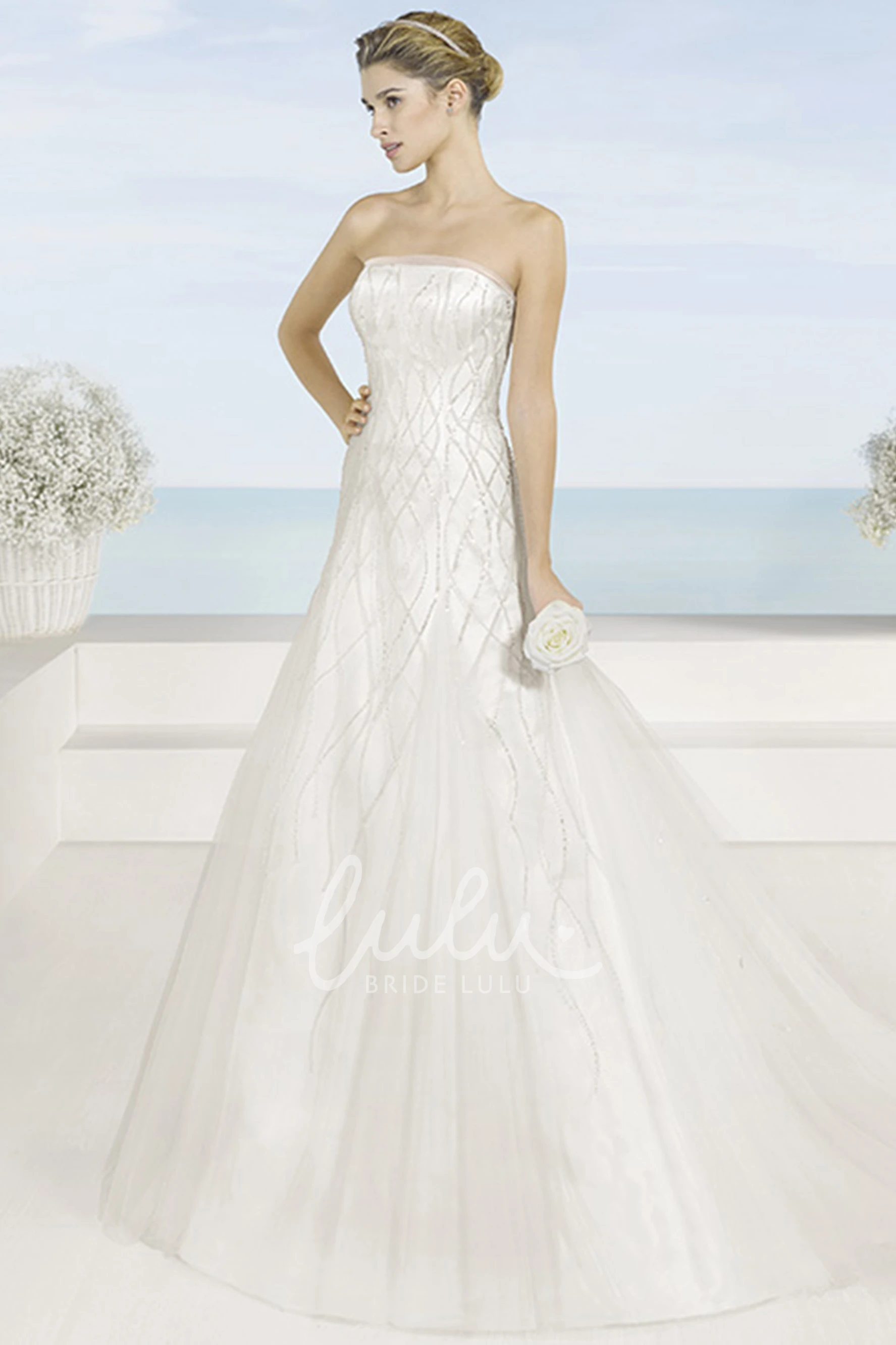 Beaded A-Line Satin Winter Wedding Dress with Court Train Sleeveless & Strapless