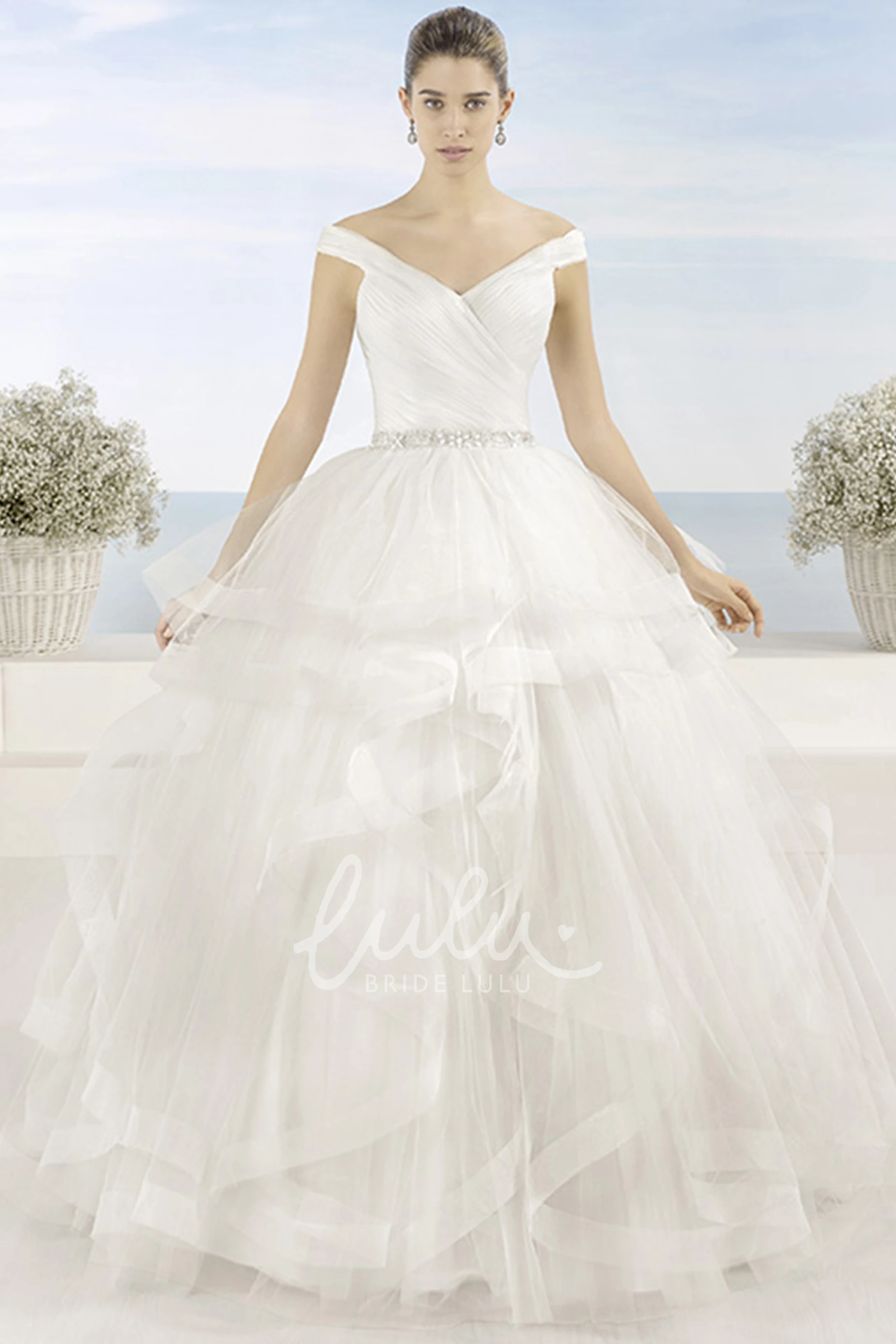 Criss-Cross Tulle Wedding Dress Ball Gown V-Neck Elegant