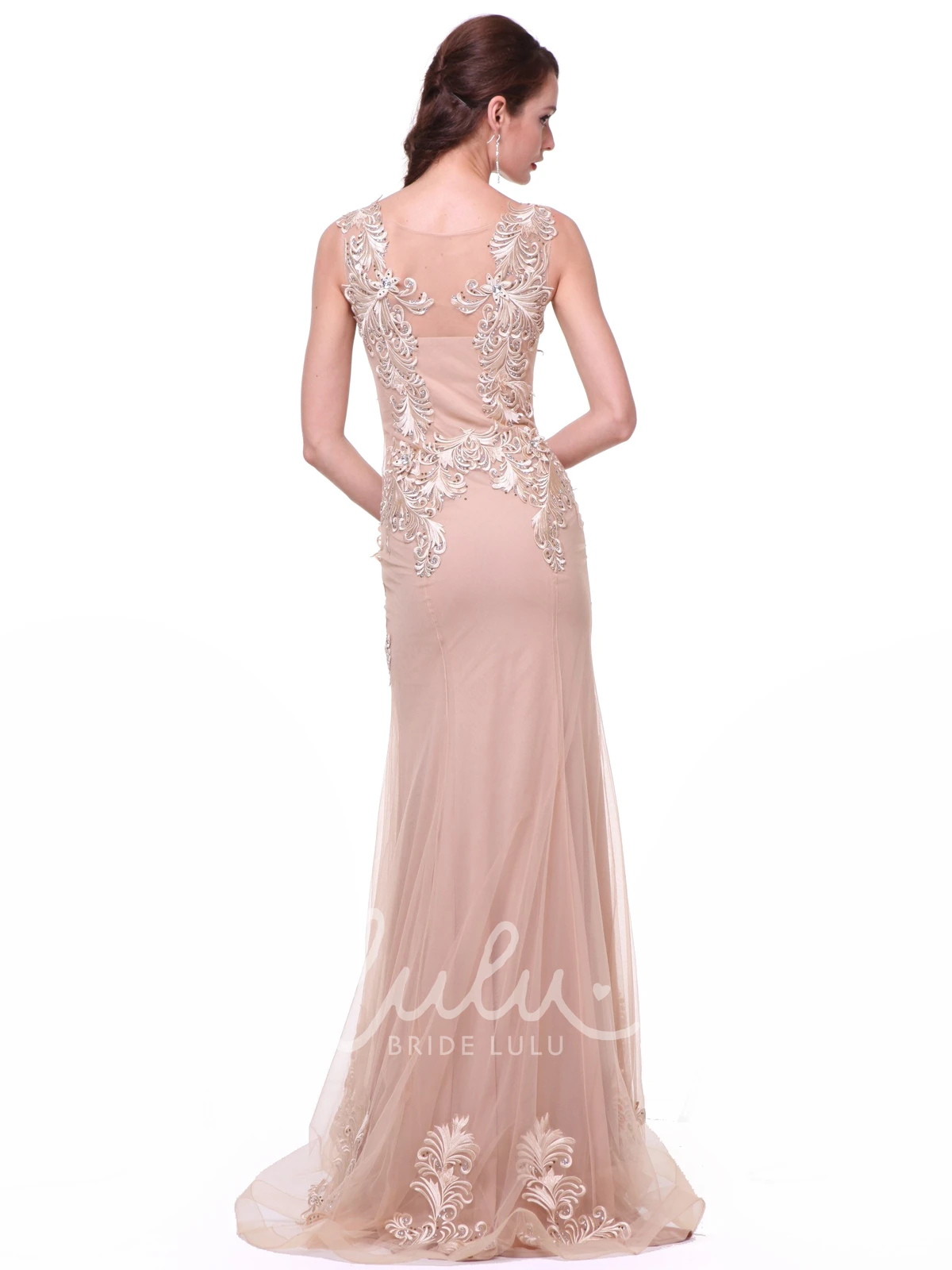 Sleeveless Tulle Sheath Formal Dress with Embroidery and Pleats