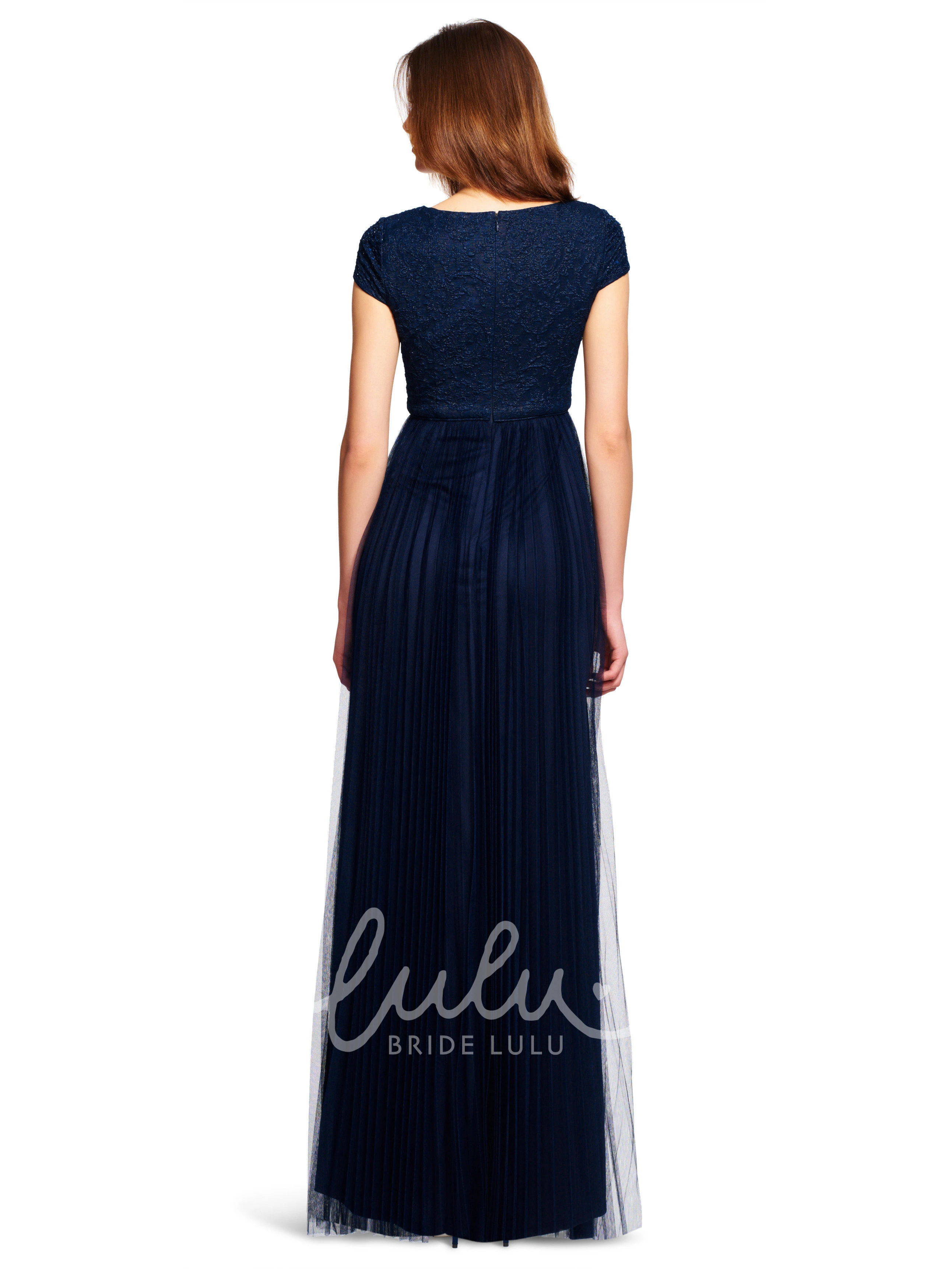 Sequined Sheath Bridesmaid Dress Lace Cap-Sleeve V-Neck Pleated