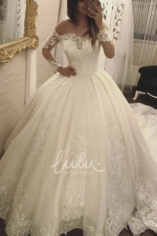 Luxury Lace Off-the-shoulder Long Sleeve Wedding Dress with Keyhole Back