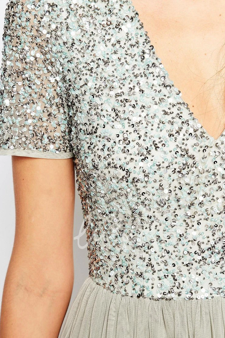 Chiffon A-Line V-Neck Floor-Length Beaded Short-Sleeve Pleated Bridesmaid Dress