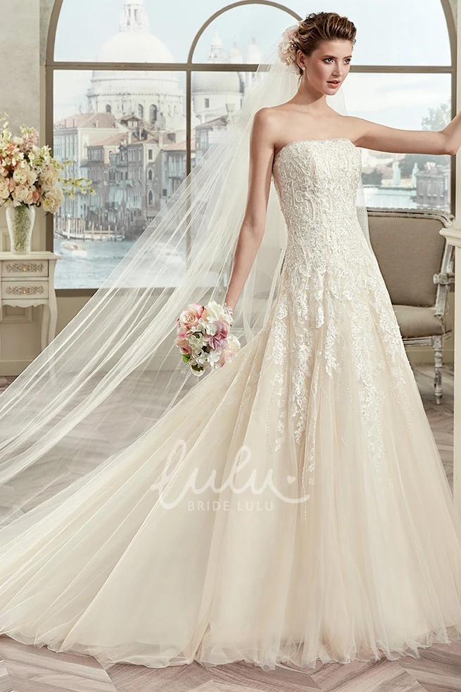 Classic Lace Long Wedding Dress with Brush Train Strapless Appliques Unique