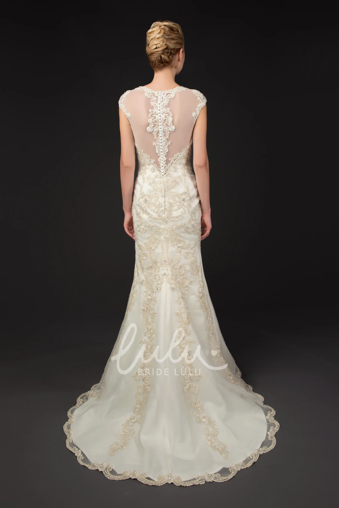 Cap Sleeve Appliqued Tulle Wedding Dress Square Neck Brush Train Bridal Gown