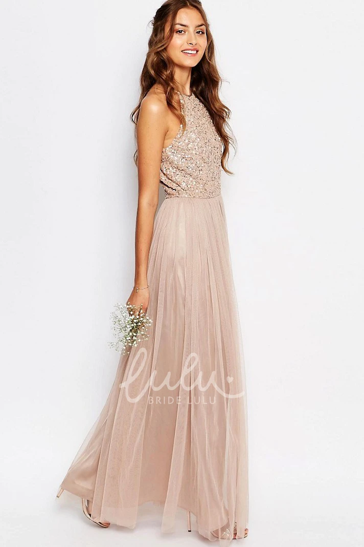 High Neck Tulle Bridesmaid Dress with Beading and Sleeveless A-Line