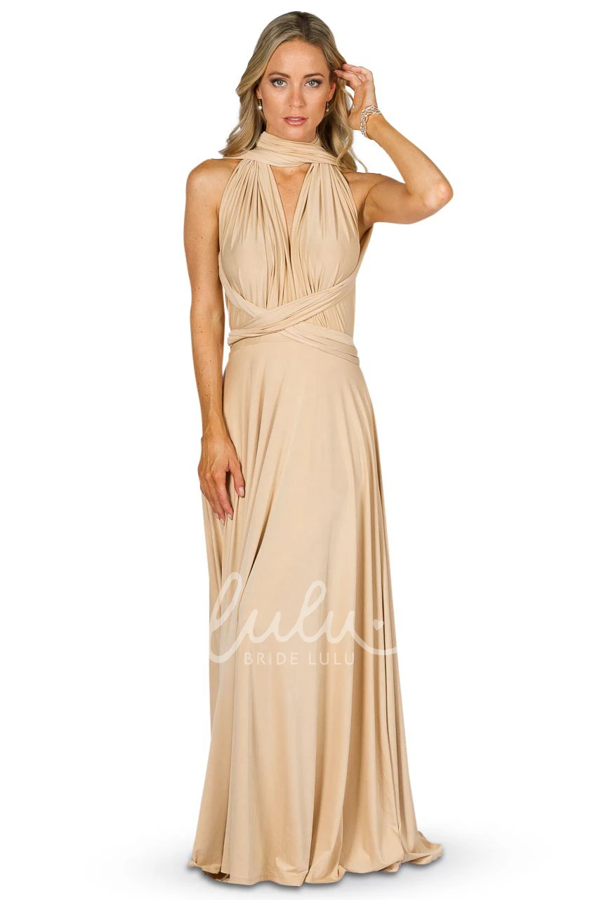 Strapped Sleeveless Convertible Bridesmaid Dress with Bow Elegant Jersey