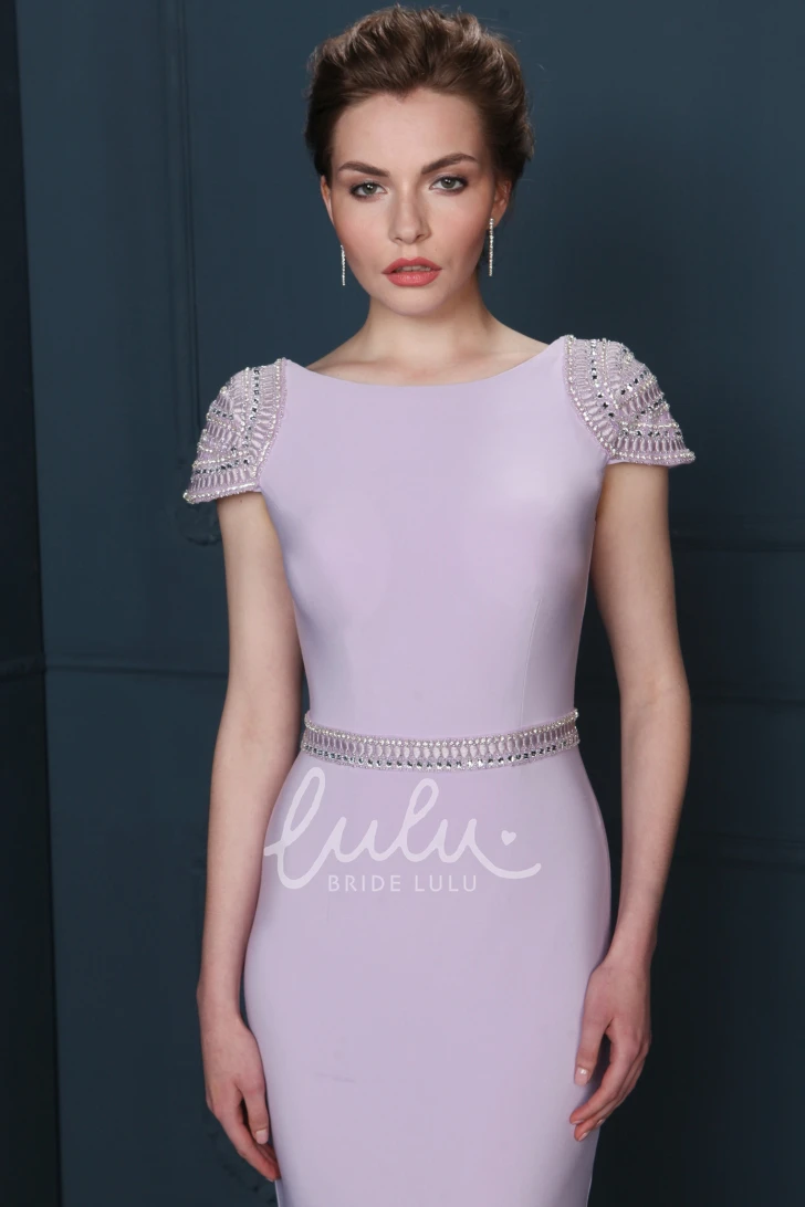 Floor-Length Beaded Jewel-Neck Sheath Formal Dress with Waist Jewelry