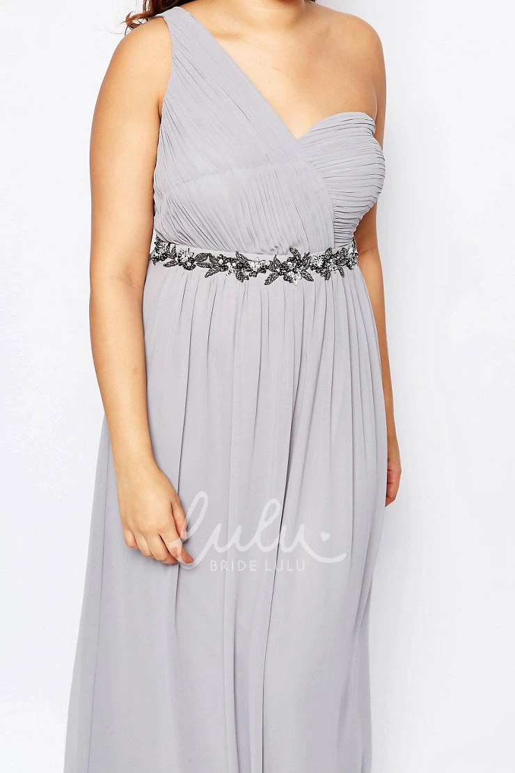 One-Shoulder Ruched Chiffon Bridesmaid Dress Ankle-Length with Waist Jewellery