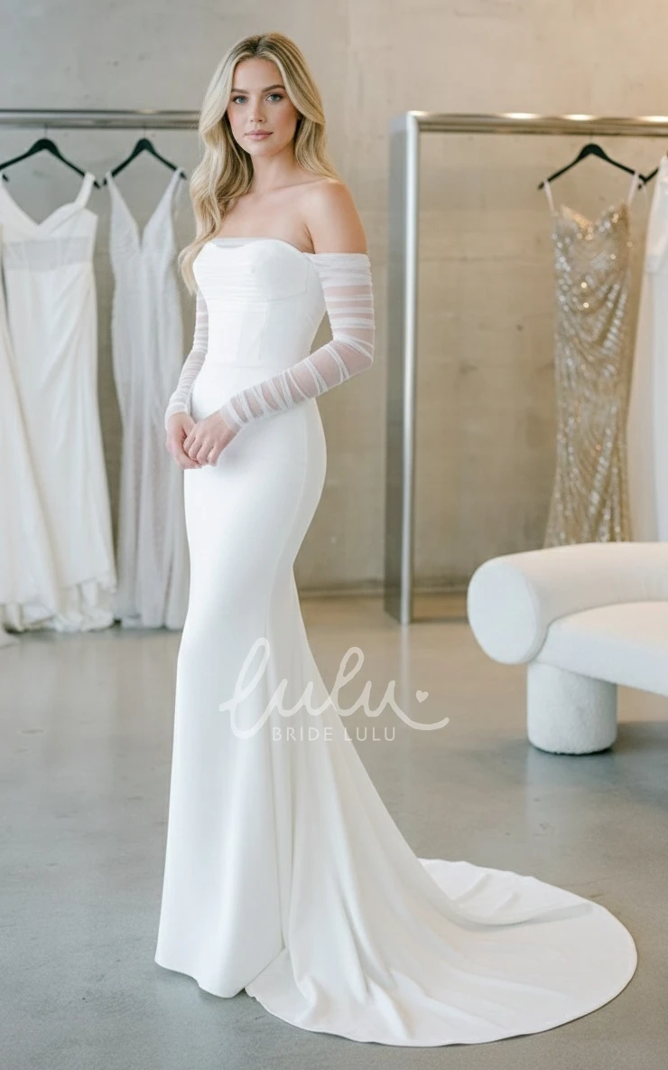 Mermaid Off-the-shoulder Elegant Simple Strapless Satin Winter Wedding Dress Sexy Solid Beach Floor-length Bridal Gown with Button Open Back Court Train