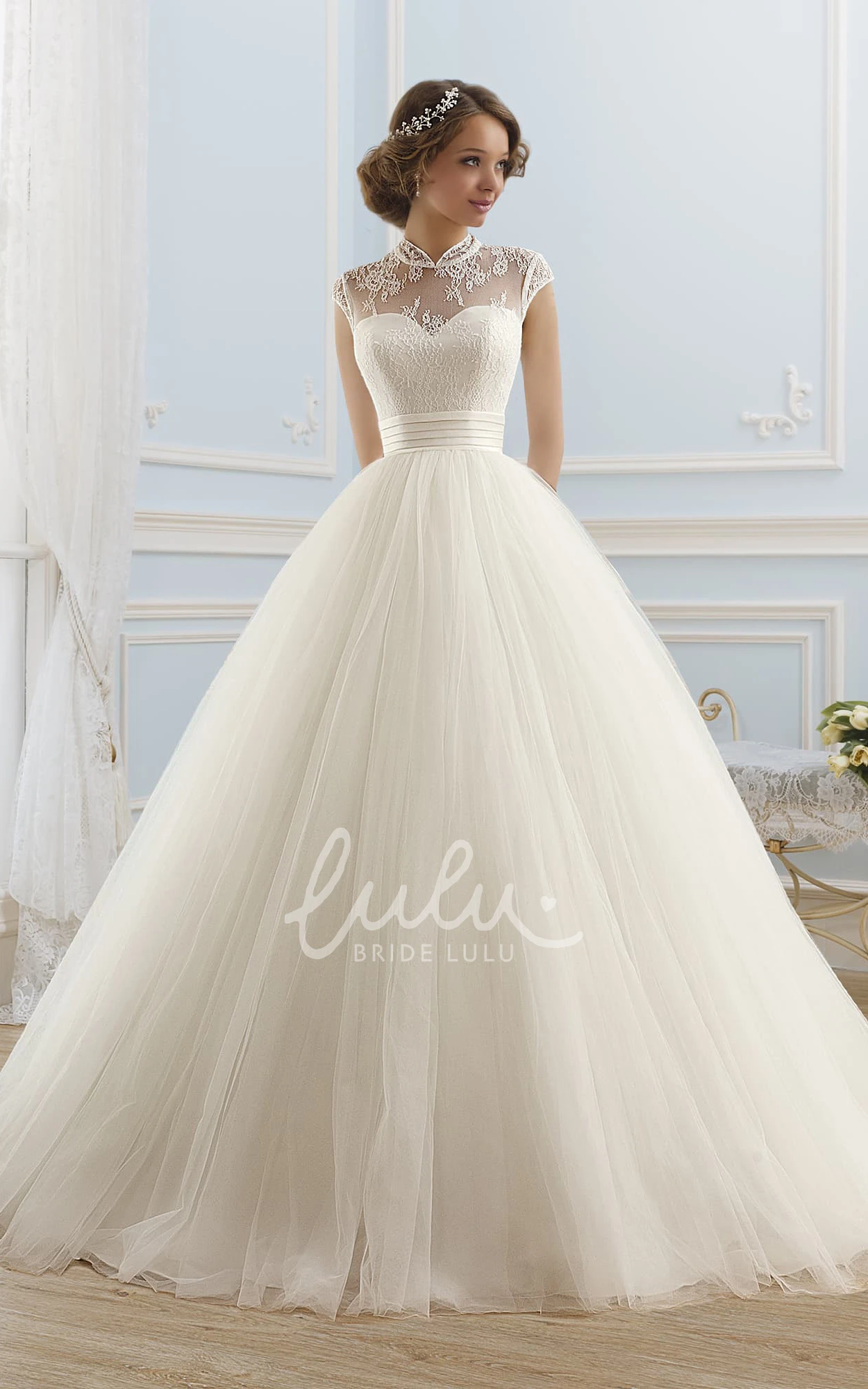 Satin Illusion Ball Gown Dress with High-Neck and Lace Detail
