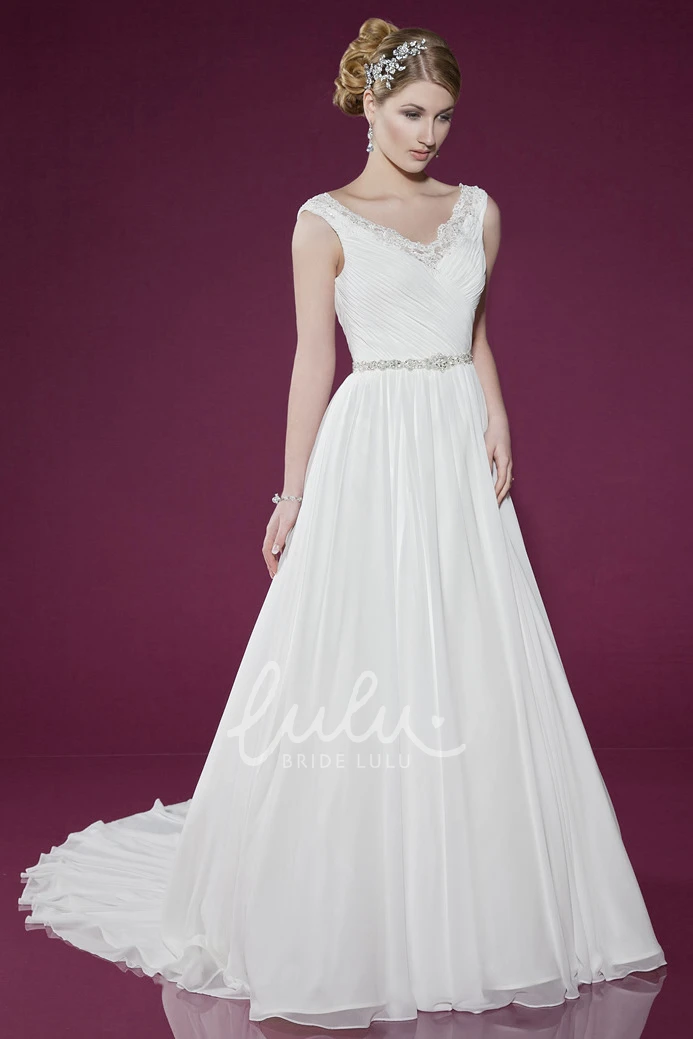 Chiffon V-Neck Wedding Dress with Ruched Detail and Court Train
